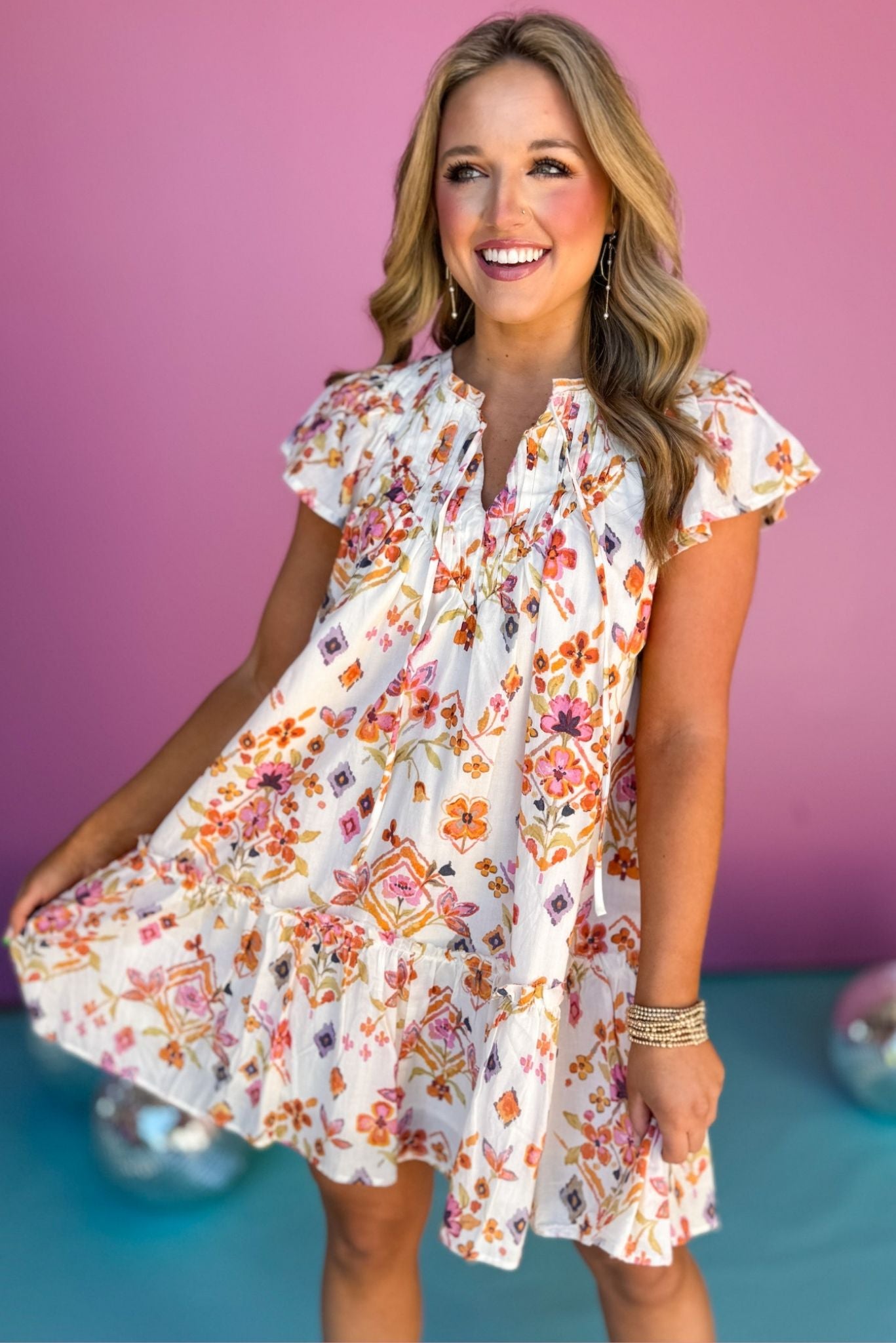 Cream Multi Floral Pintuck Detail Yoke Flutter Sleeve Ruffle Dress *FI ...