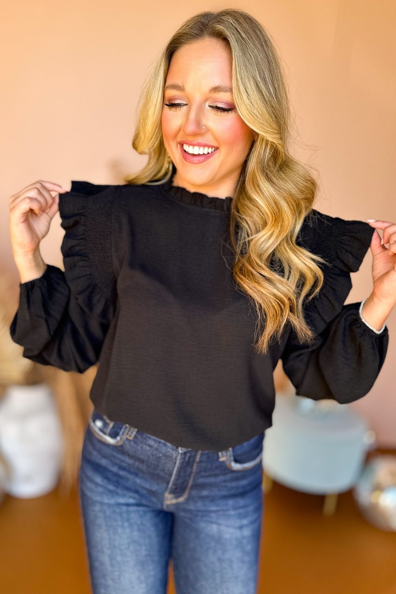 Black Frilled Neck Ruffled Shoulder Long Sleeve Top, must have top, must have style, must have fall, fall collection, fall fashion, elevated style, elevated top, mom style, fall style, shop style your senses by mallory fitzsimmons