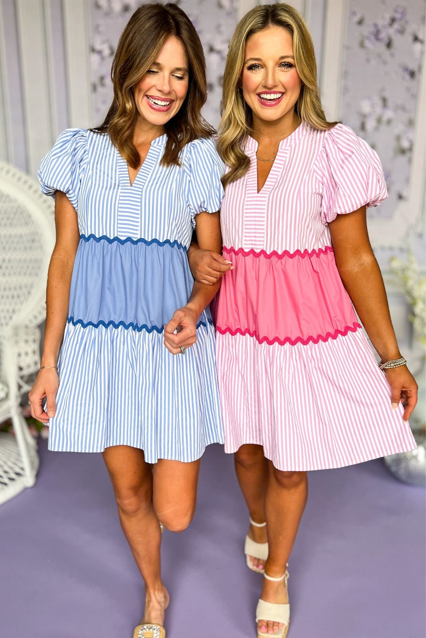 Pink Colorblock Ric Rac Split Neck Puff Short Sleeve Dress – SSYS
