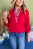 SSYS The Rose Faux Leather Trim Top In Red, SSYS the label, must have top, must have style, fall style, fall fashion, elevated style, elevated top, mom style, fall collection, fall top, shop style your senses by mallory fitzsimmons