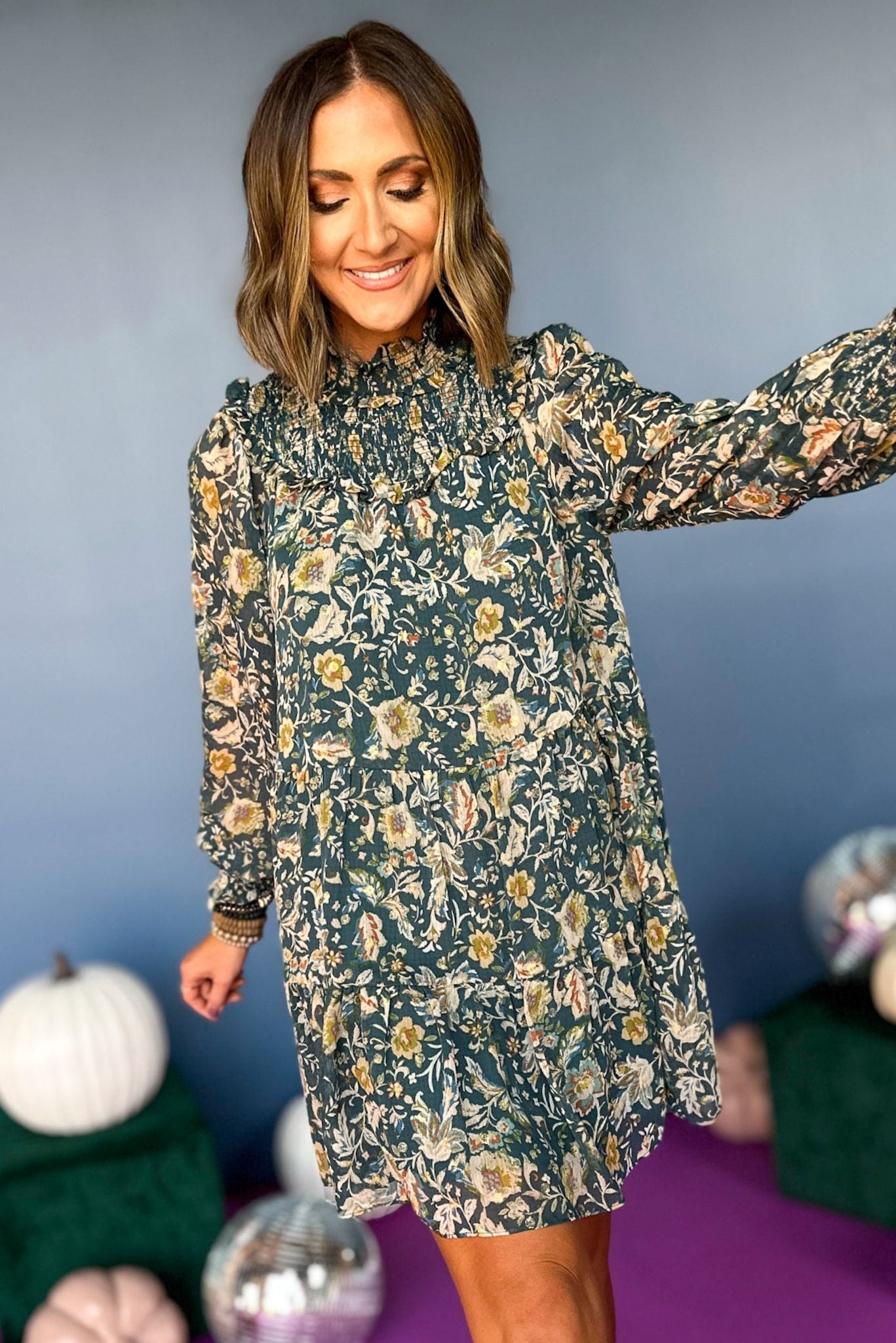 Green Floral Printed High Smocked Neck Ruffle Long Sleeve Dress, elevated style, elevated dress, must have dress, must have style, must have print, fall style, fall fashion, fall dress, fall family photos, mom style, shop style your senses by mallory fitzsimmons