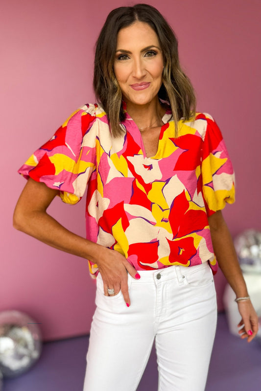  Red Floral V Neck Band Collar Puff Sleeve Top, floral top, bright top, must have top, must have style, office style, spring fashion, elevated style, elevated top, mom style, work top, shop style your senses by mallory fitzsimmons, ssys by mallory fitzsimmons