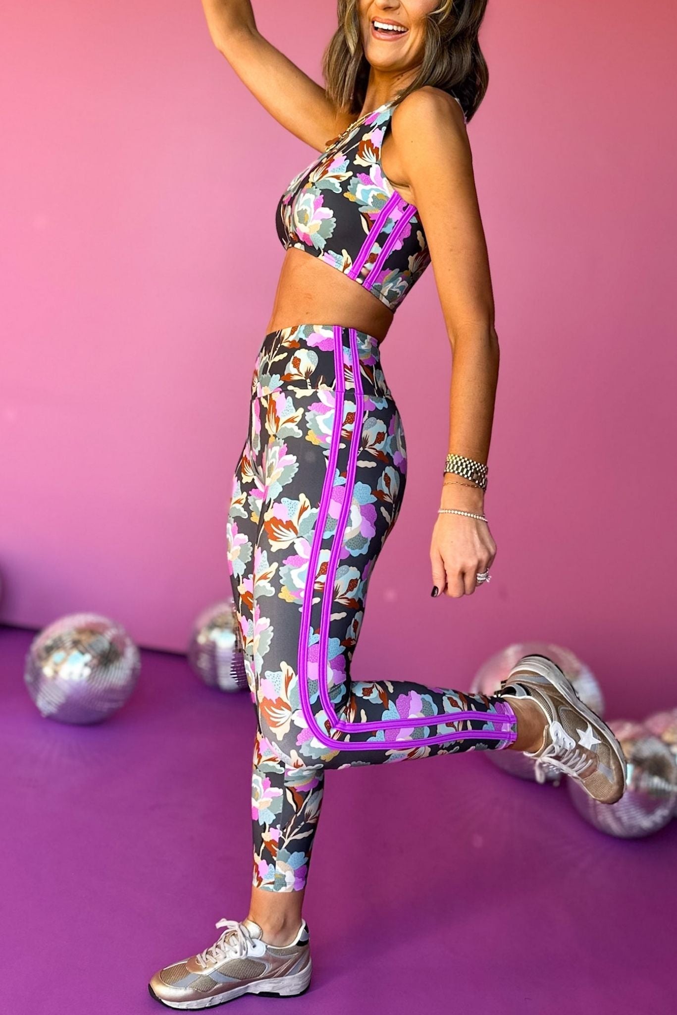 SSYS Sage Magenta Floral Compression Leggings With Magenta Racing Stripes, must have leggings, must have athleisure, elevated style, elevated athleisure, mom style, active style, active wear, fall athleisure, fall style, comfortable style, elevated comfort, shop style your senses by mallory fitzsimmons