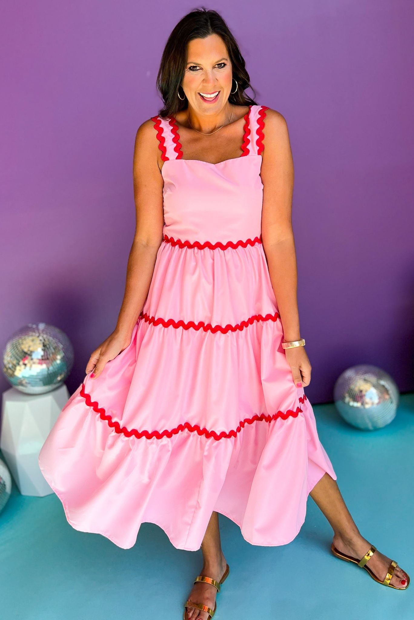 Pink Contrast Ric Rac Detail Multi Tiered Midi Dress – SSYS