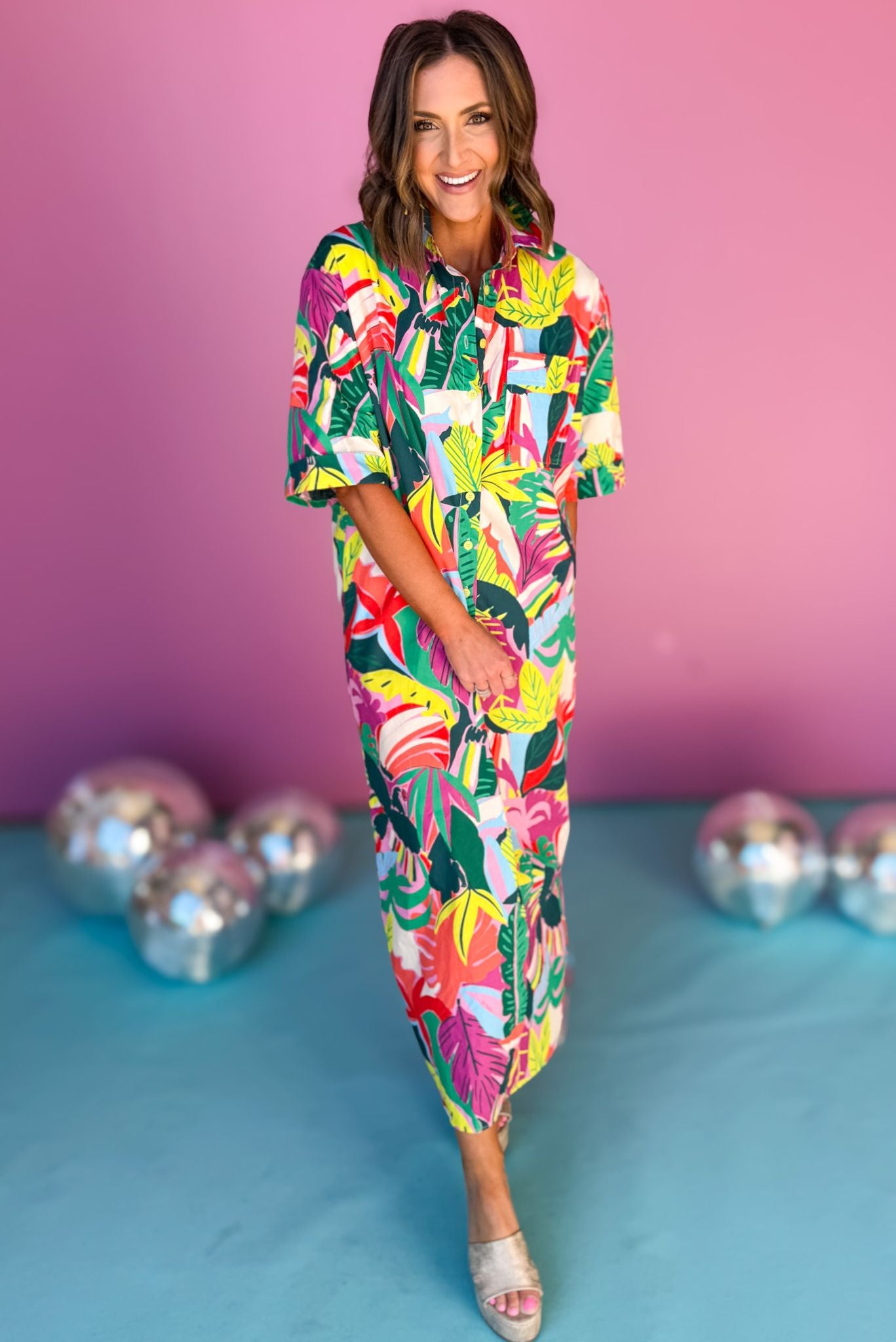 Karlie Green Multi Tropical Print Collared Short Sleeve Button Down Shirt Maxi Dress, must have dress, must have style, summer style, spring fashion, elevated style, elevated dress, mom style, shop style your senses by mallory fitzsimmons, ssys by mallory fitzsimmons