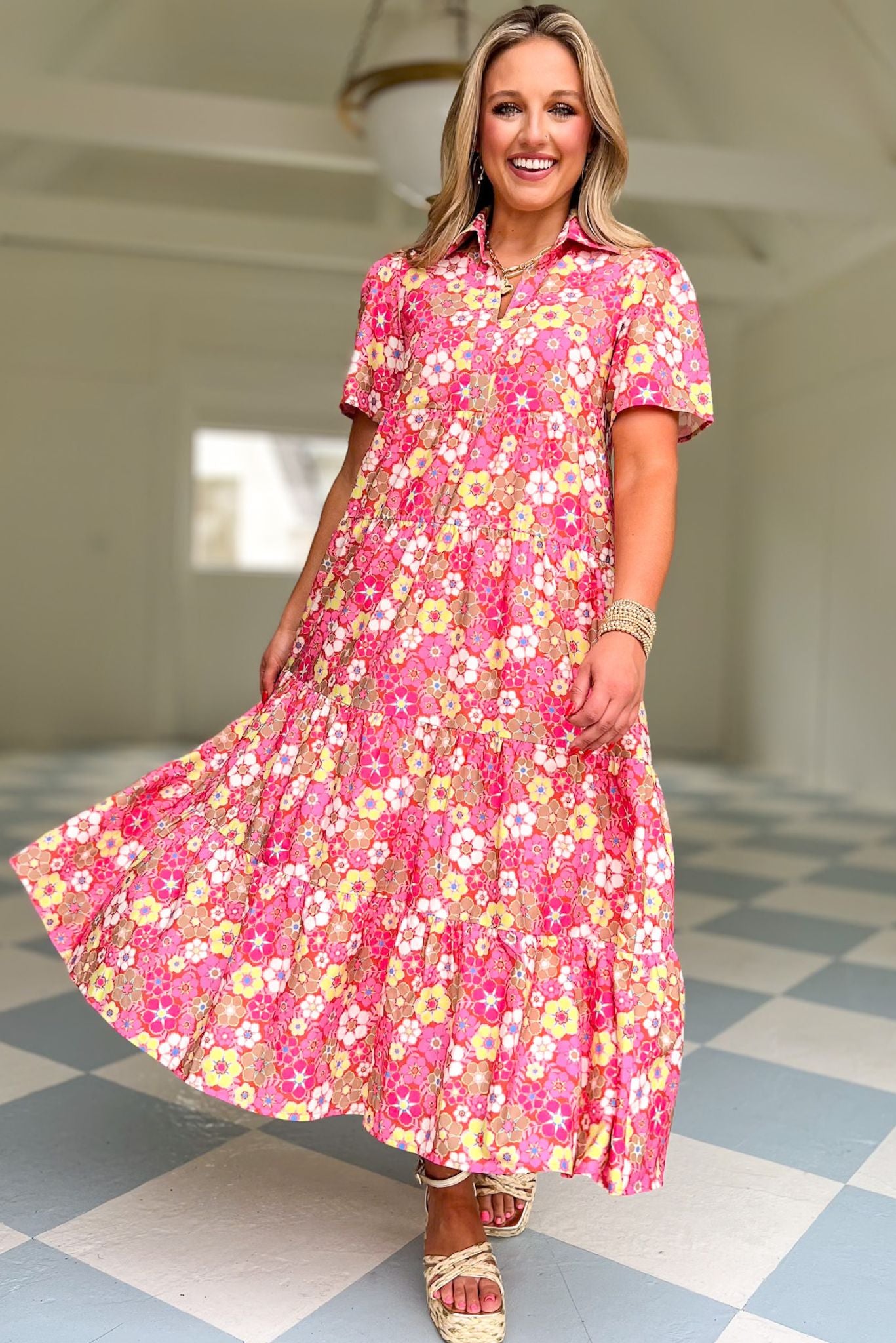  SSYS The Short Sleeve Emery Midi Dress In Pink Floral, ssys the label, ssys dress, floral dress, must have dress, must have style, weekend style, brunch style, spring fashion, elevated style, elevated style, mom style, shop style your senses by mallory fitzsimmons, ssys by mallory fitzsimmons