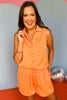 SSYS The Sleeveless Shorts Blakely Pajamas In Tangerine, ssys the label, ssys pjs, must have pjs, elevated pjs, matching pjs, luxe pjs, silk pjs, mom style, shop style your senses by Mallory Fitzsimmons, ssys by Mallory Fitzsimmons