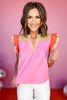 Pink Color Block Frill V Neck Double Ruffle Sleeve Top