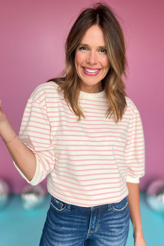  Pink Striped Print Three Quarter Bubble Sleeve Top, striped top, must have top, must have style, summer style, spring fashion, elevated style, elevated top, mom style, shop style your senses by mallory fitzsimmons, ssys by mallory fitzsimmons