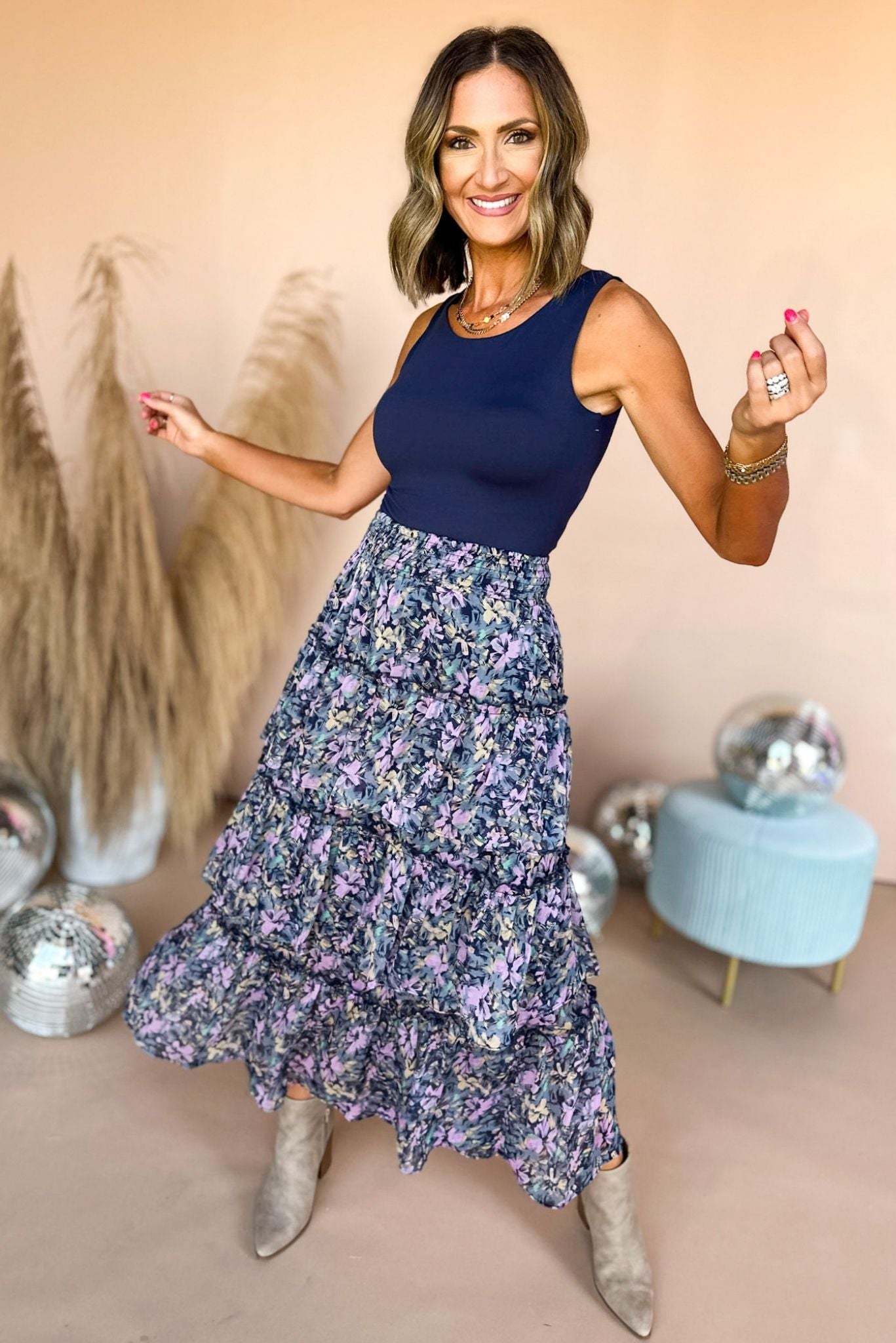 Navy Floral Printed Pull On Tiered Maxi Skirt, mom style, mom chic, carpool chic, elevated style, must have skirt, summer to fall look, summer to fall skirt, maxi skirt, must have style, shop style your senses by mallory fitzsimmons