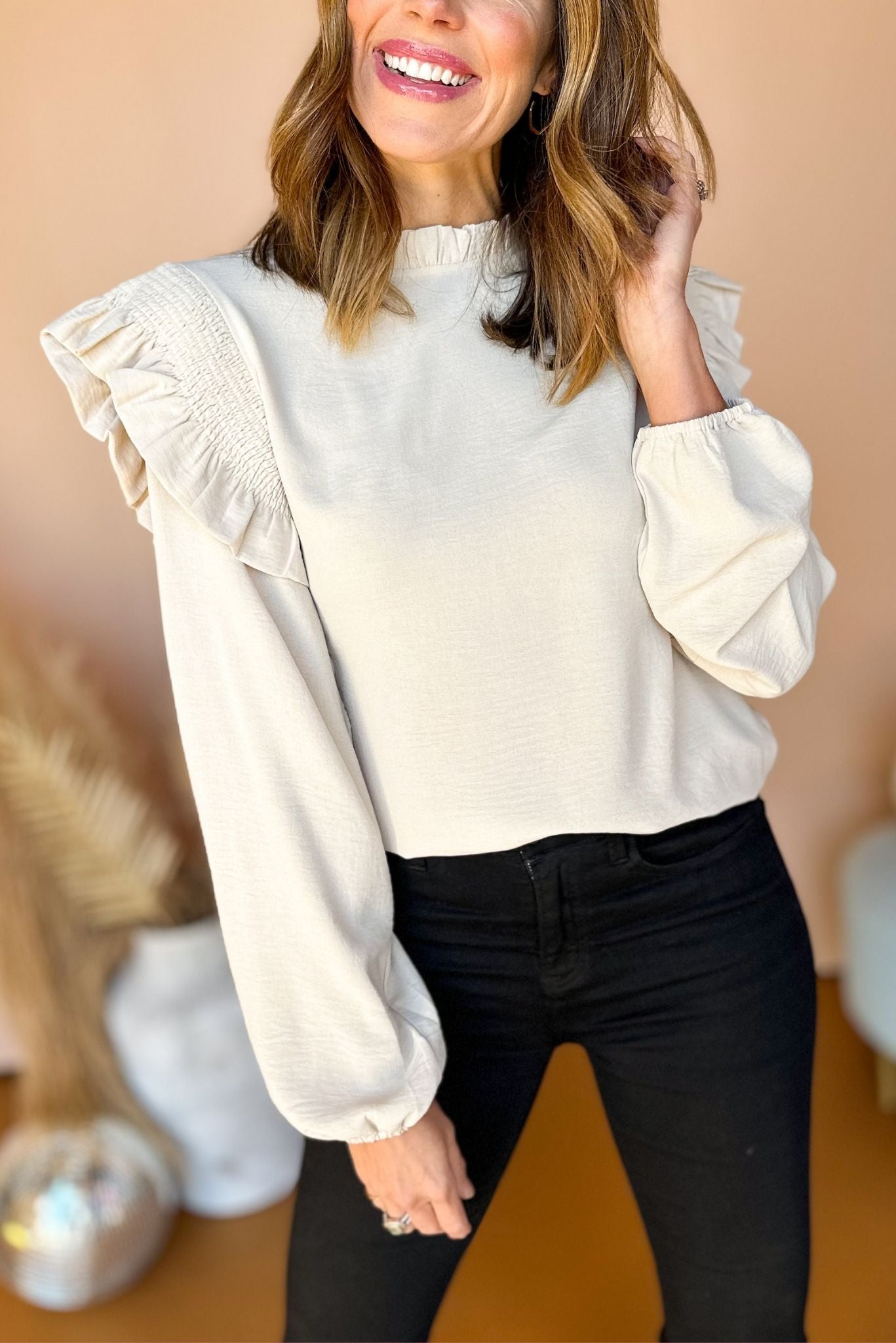 Oatmeal Frilled Neck Ruffled Shoulder Long Sleeve Top, must have top, must have style, must have fall, fall collection, fall fashion, elevated style, elevated top, mom style, fall style, shop style your senses by mallory fitzsimmons