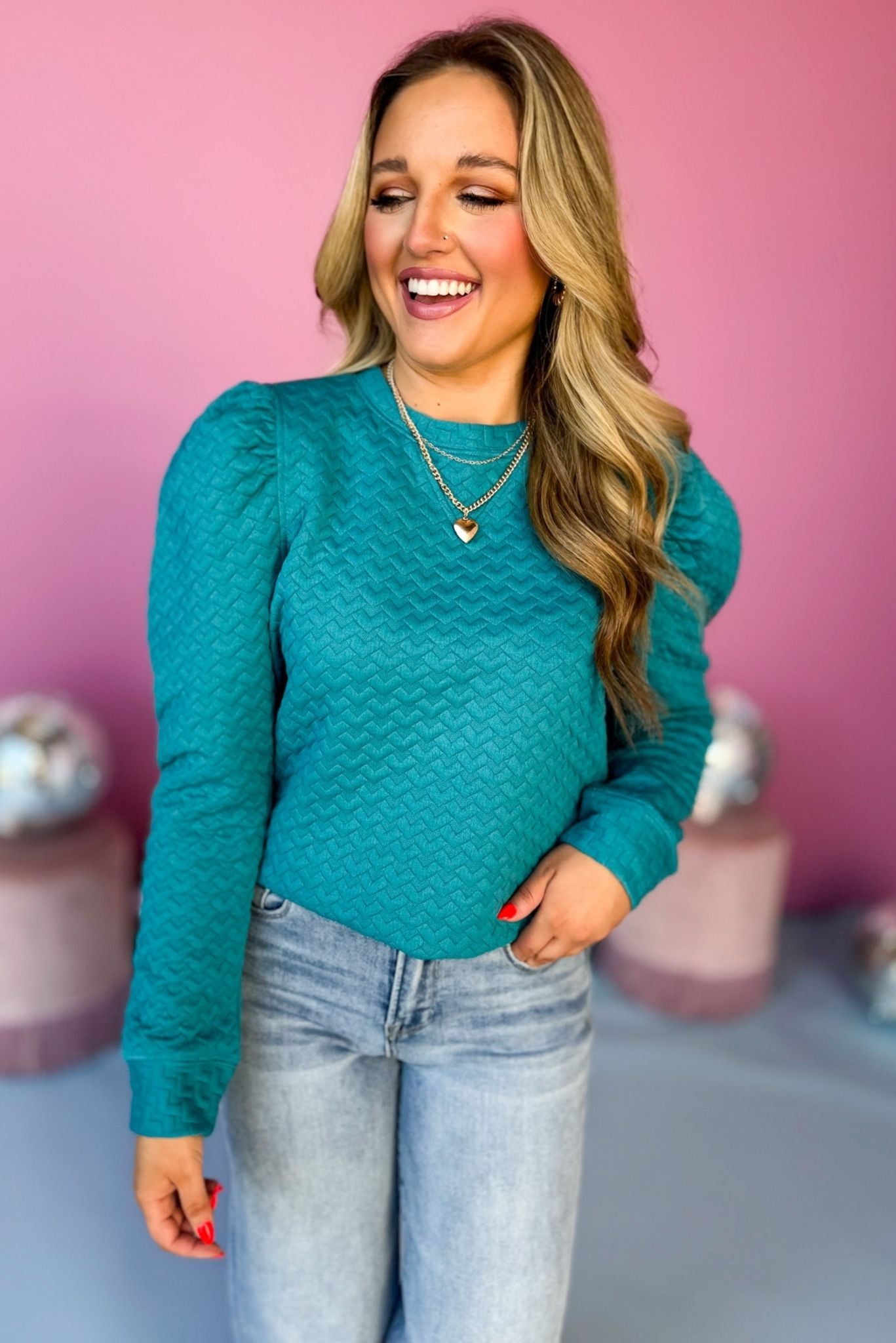 Teal Blue Embossed Puff Long Sleeve Top, must have top, must have style, office style, winter fashion, elevated style, elevated top, mom style, work top, shop style your senses by mallory fitzsimmons