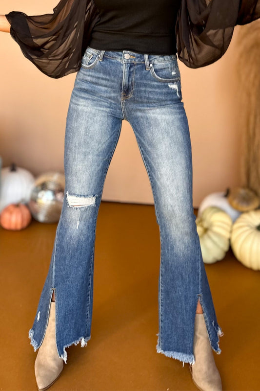 Risen Dark Wash High Rise Front Slit Fray Hem Flare Jeans, must have jeans, must have denim, must have style, elevated denim, fall fashion, fall style, mom style, shop style your senses by mallory fitzsimmons