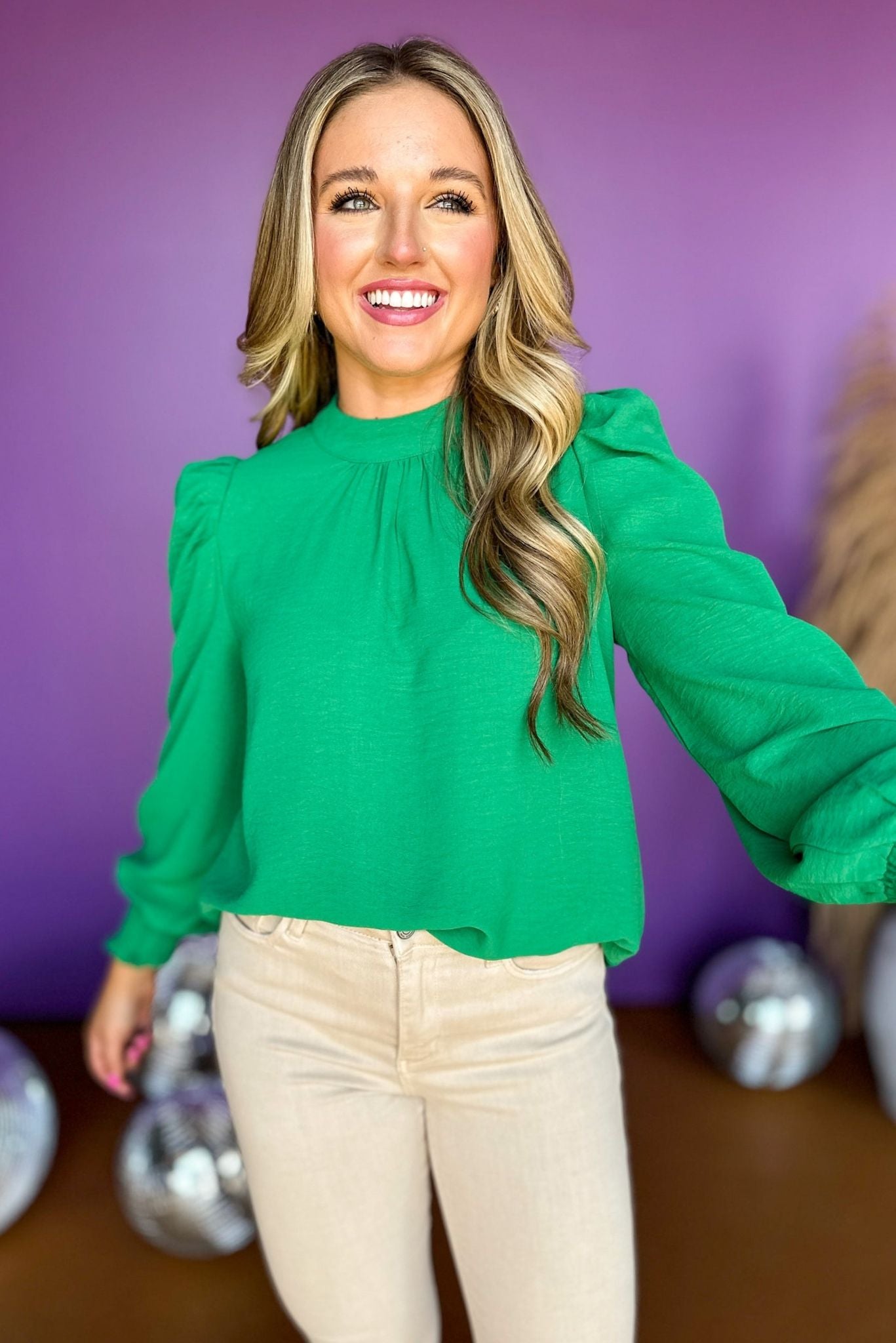 Kelly Green Mock Neck Gathered Long Sleeve Top, must have top, must have office wear, office top, elevated style, mom style, office style, chic look, fall top, shop style your senses by mallory fitzsimmons
