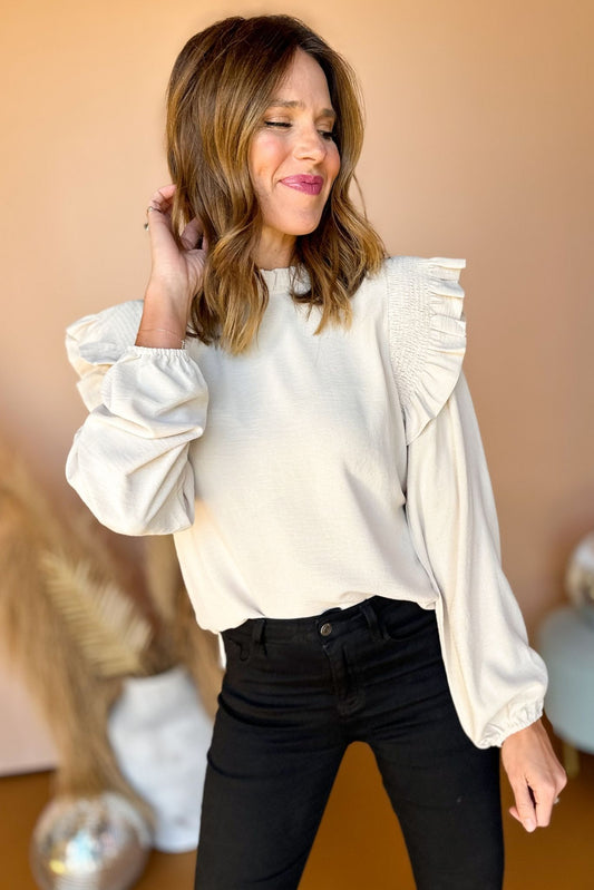 Oatmeal Frilled Neck Ruffled Shoulder Long Sleeve Top, must have top, must have style, must have fall, fall collection, fall fashion, elevated style, elevated top, mom style, fall style, shop style your senses by mallory fitzsimmons