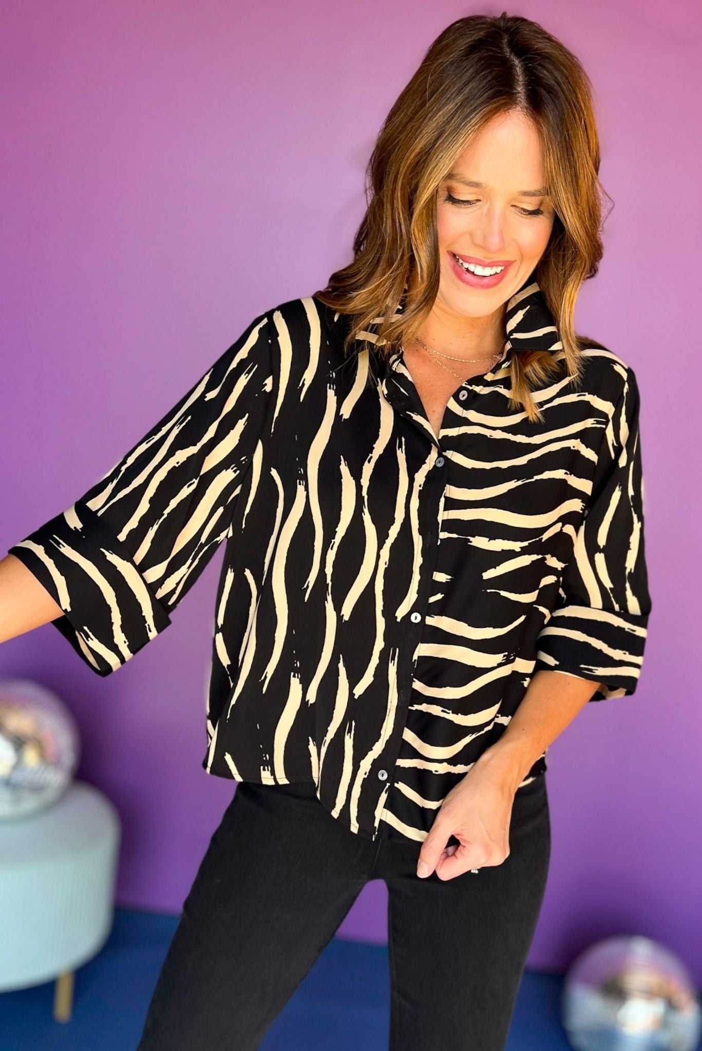 Black Abstract Printed Button Front Short Sleeve Top, must have top, must have style, must have fall, fall collection, fall fashion, elevated style, elevated top, mom style, fall style, shop style your senses by mallory fitzsimmons