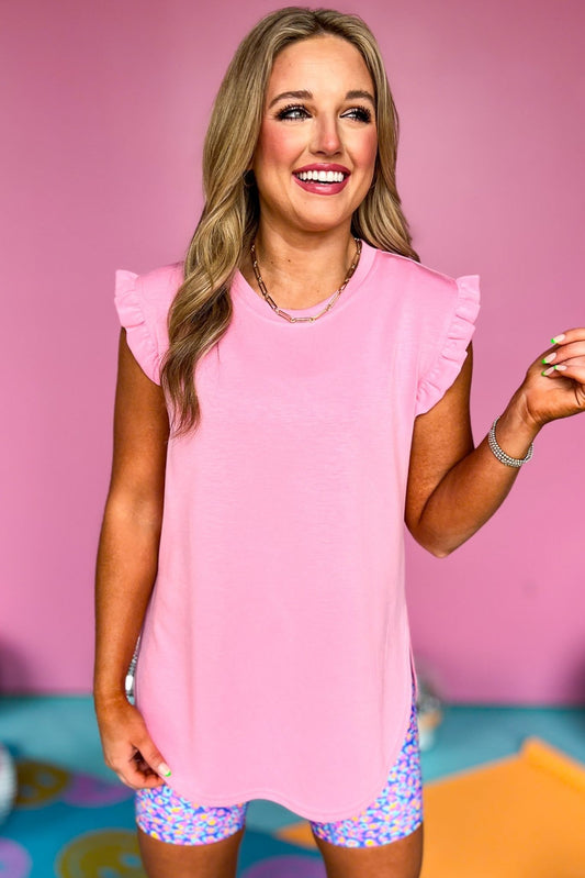 SSYS Ruffle Shoulder Air Fabric Top In Pink, Spring athleisure, athleisure, elevated athleisure, must have top, athletic tops, athletic style, mom style, shop style your senses by mallory fitzsimmons, ssys by mallory fitzsimmons