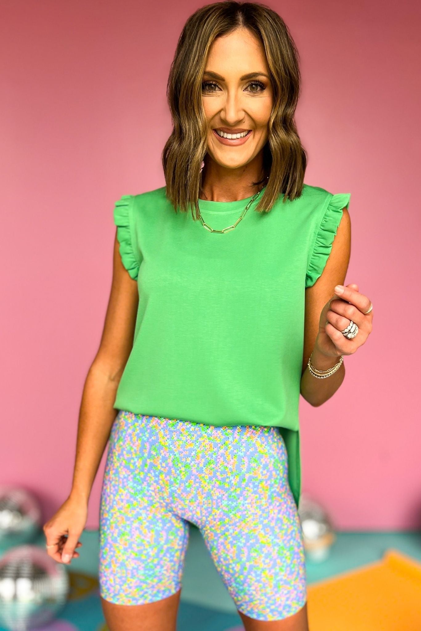 SSYS Ruffle Shoulder Air Fabric Top In Green, Spring athleisure, athleisure, elevated athleisure, must have top, athletic tops, athletic style, mom style, shop style your senses by mallory fitzsimmons, ssys by mallory fitzsimmons