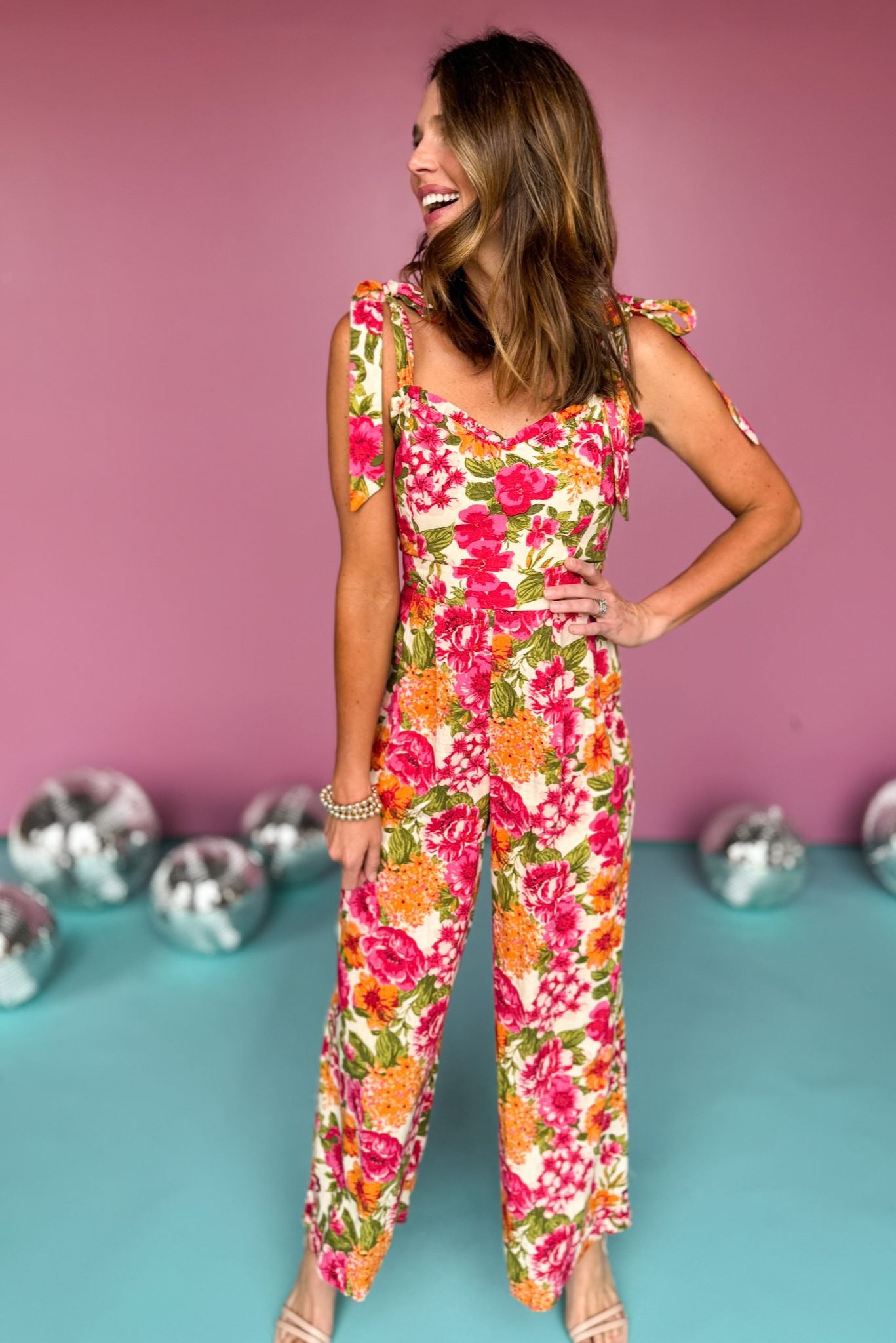 Fuchsia Multi Floral Sweetheart Neckline Shoulder Tie Wide Leg Jumpsuit, jumpsuit, sweetheart neckline jumpsuit, sleeveless shoulder tie jumpsuit, wide leg jumpsuit, must have jumpsuit, elevated jumpsuit, elevated style, summer jumpsuit, summer style, Shop Style Your Senses by Mallory Fitzsimmons, SSYS by Mallory Fitzsimmons