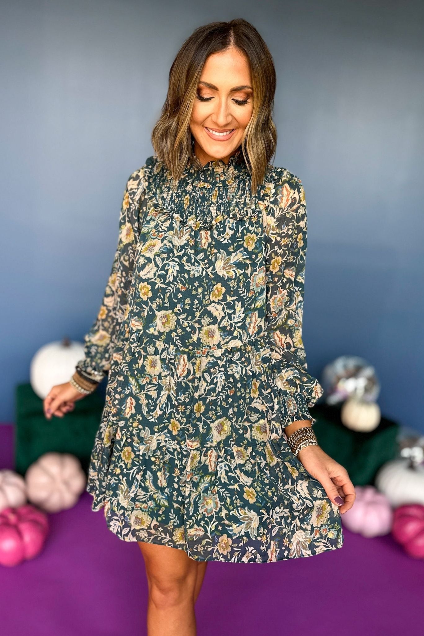 Green Floral Printed High Smocked Neck Ruffle Long Sleeve Dress, elevated style, elevated dress, must have dress, must have style, must have print, fall style, fall fashion, fall dress, fall family photos, mom style, shop style your senses by mallory fitzsimmons