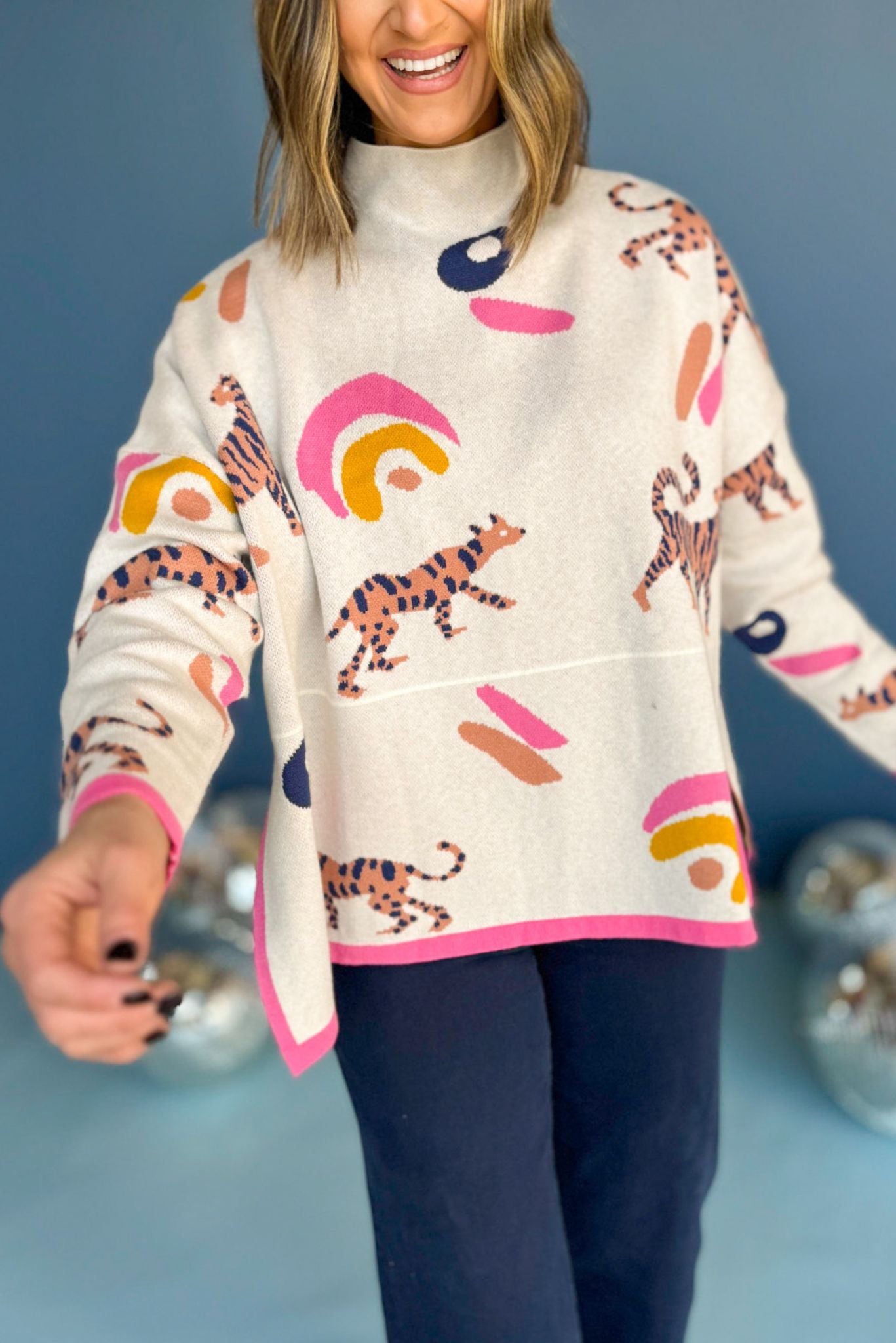 THML Cream Abstract Printed Funnel Neck Sweater, must have sweater, must have style, fall style, fall fashion, elevated style, elevated dress, mom style, fall collection, fall sweater, shop style your senses by mallory fitzsimmons