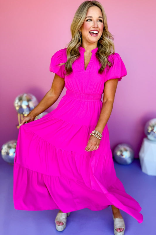 Magenta Split Neck Puff Short Sleeve Tiered Midi Dress, bright dress, must have dress, must have style, summer style, spring fashion, elevated style, elevated dress, mom style, shop style your senses by mallory fitzsimmons, ssys by mallory fitzsimmons
