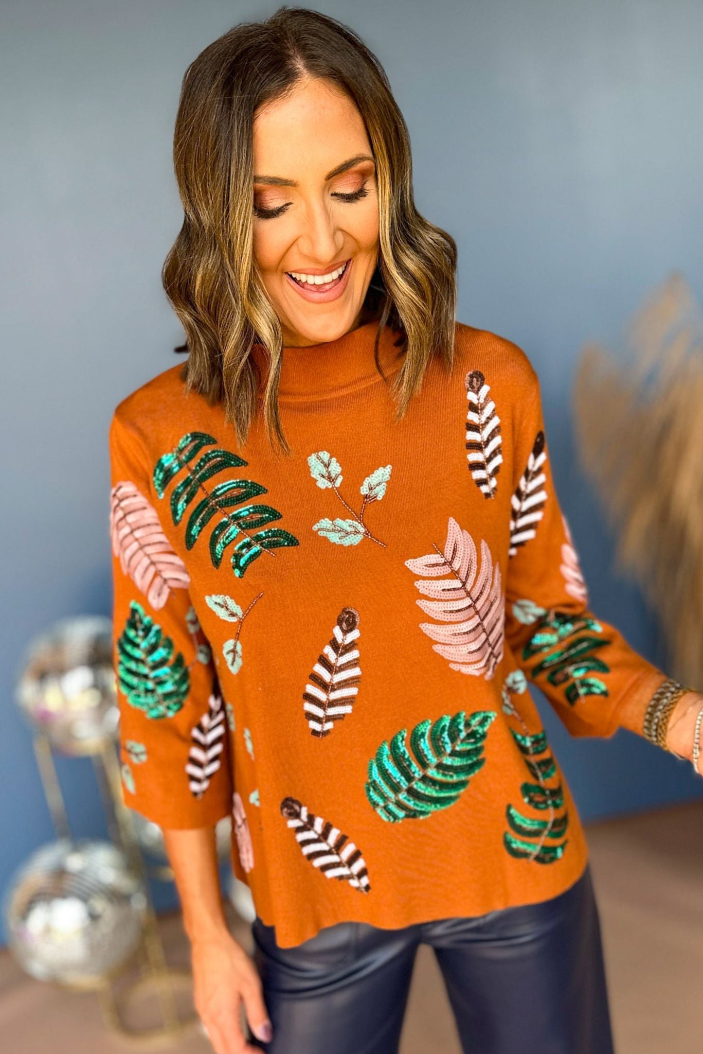 Tan Leaf Printed Embellished Mock Neck Sweater, elevated top, must have top, must have style, must have print, elevated style, mom style, fall sweater, fall style, must have fall, sequin detial, shop style your senses by mallory fitzsimmons