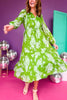 Kelly Green Floral Printed Split Frilled Tie Neck Tiered Long Sleeve Midi Dress, must have dress, must have style, office style, spring fashion, elevated style, elevated dress, mom style, work dress, shop style your senses by mallory fitzsimmons