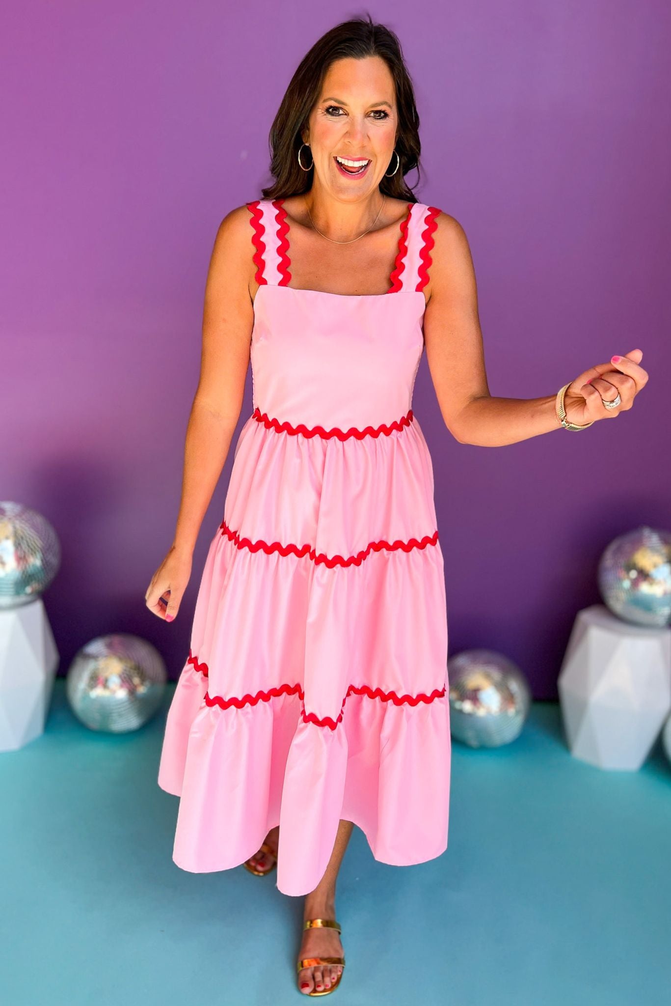 Pink Contrast Ric Rac Detail Multi Tiered Midi Dress – Shop Style Your ...