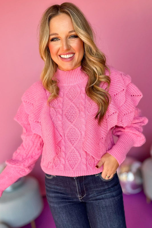  Pink Mock Neck Cable Knit Ruffle Sweater, must have sweater, must have style, must have fall, fall collection, fall fashion, elevated style, elevated sweater, mom style, fall style, shop style your senses by mallory fitzsimmons