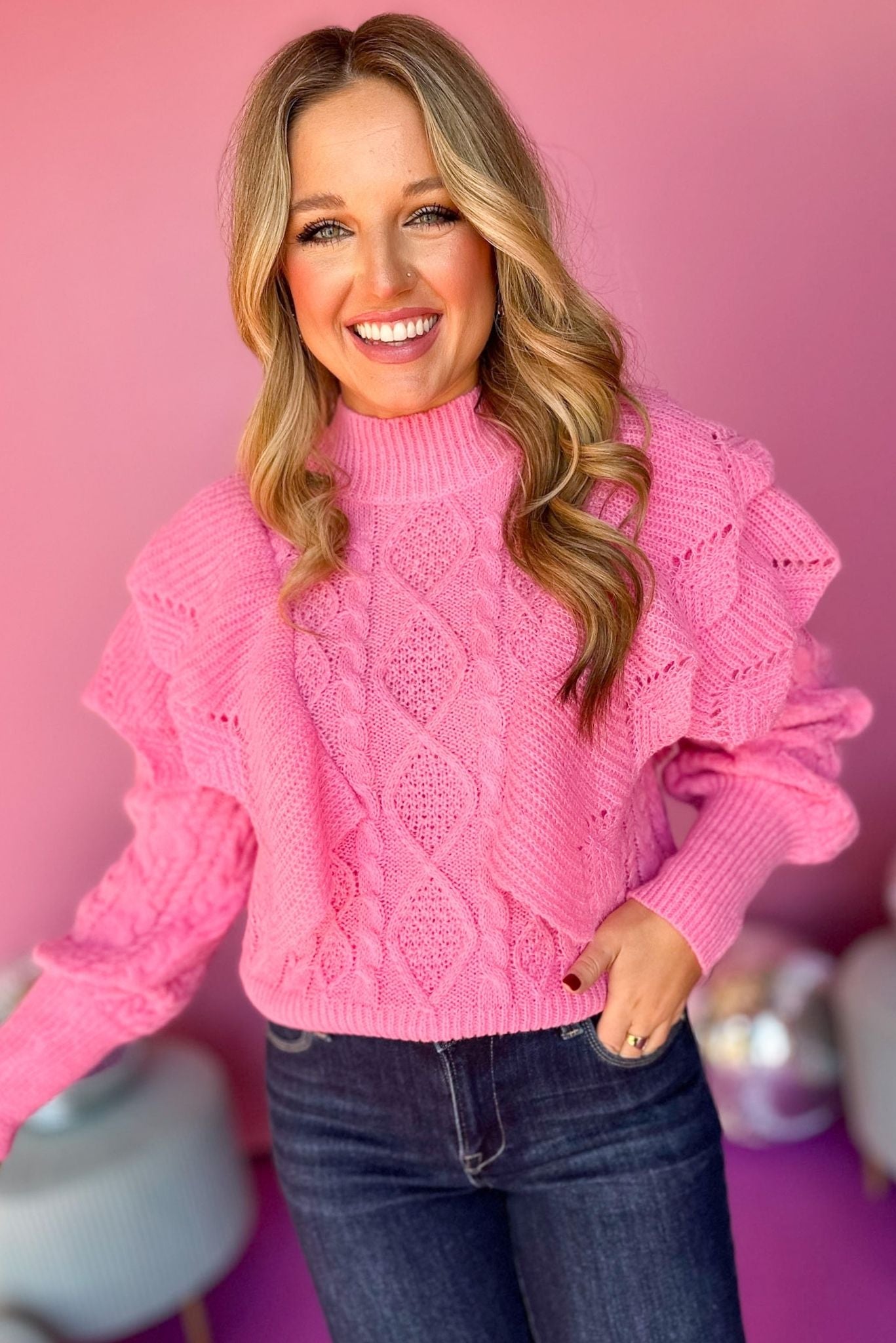  Pink Mock Neck Cable Knit Ruffle Sweater, must have sweater, must have style, must have fall, fall collection, fall fashion, elevated style, elevated sweater, mom style, fall style, shop style your senses by mallory fitzsimmons