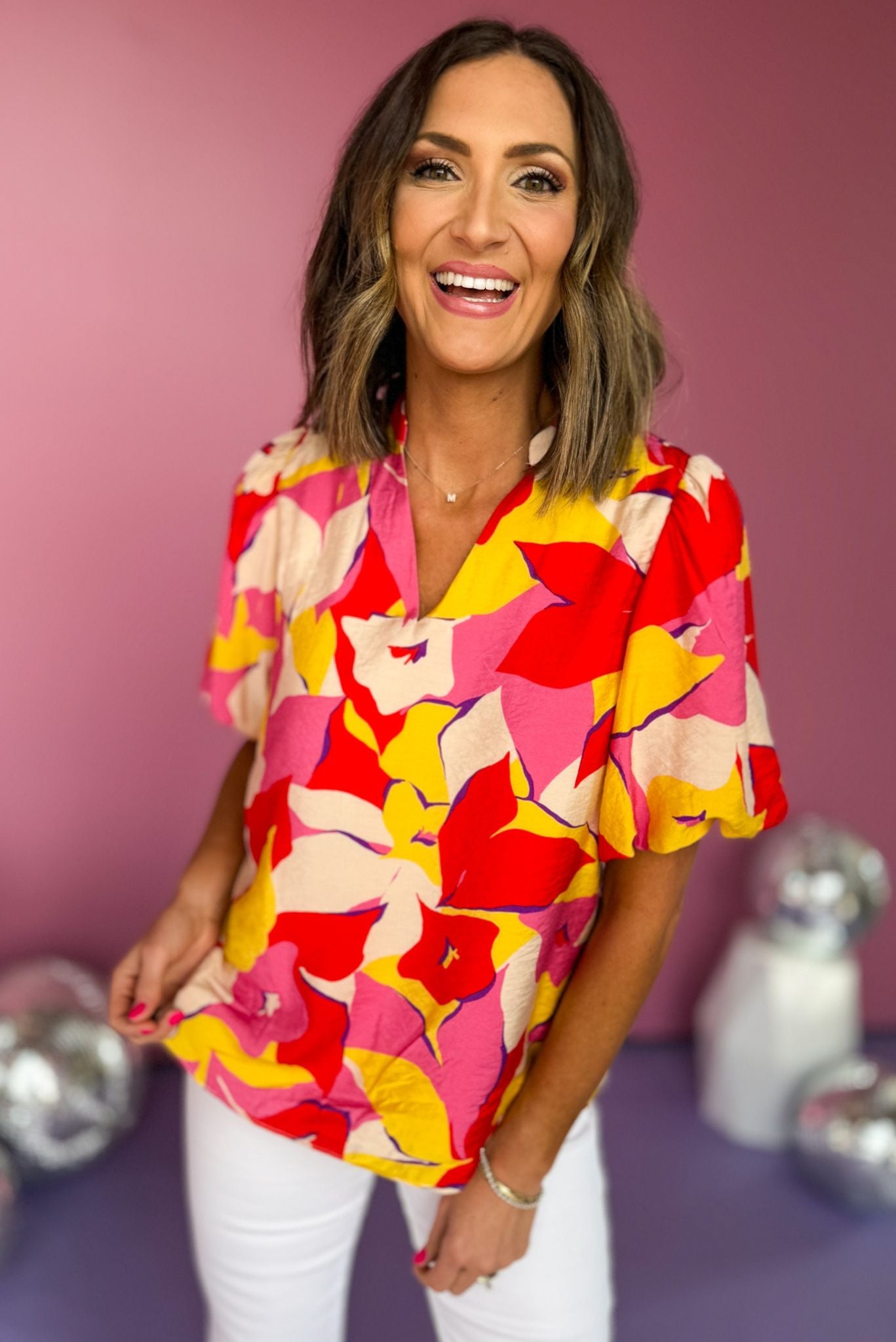 Red Floral V Neck Band Collar Puff Sleeve Top, floral top, bright top, must have top, must have style, office style, spring fashion, elevated style, elevated top, mom style, work top, shop style your senses by mallory fitzsimmons, ssys by mallory fitzsimmons