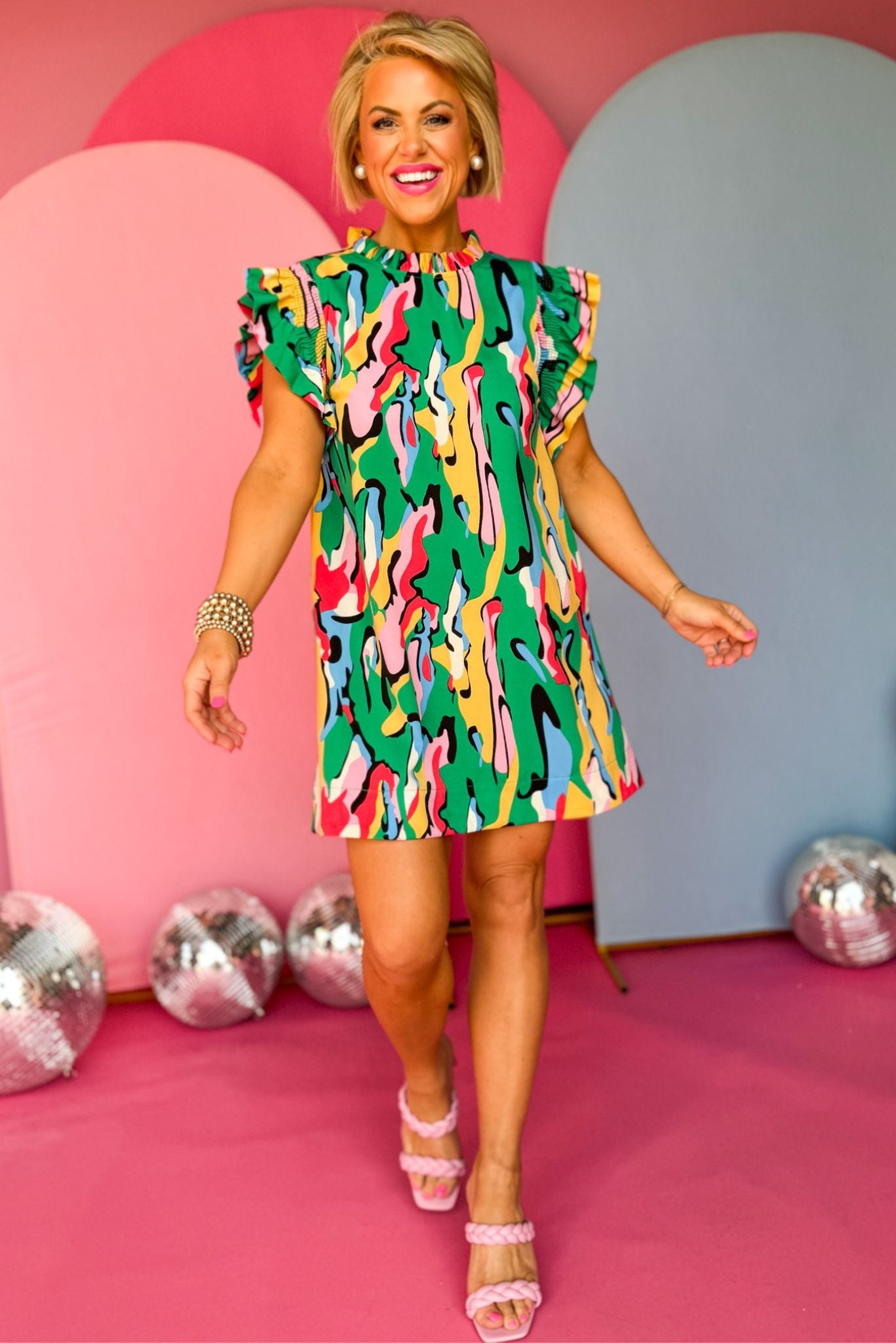 Green Multi Floral Frill Neck Smocked Ruffle Sleeve Dress, mini dress, printed dress, must have dress, must have style, office style, spring fashion, elevated style, elevated dress, mom style, work dress, shop style your senses by mallory fitzsimmons