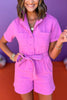 Fuchsia Washed Collared Short Sleeve Tie Belt Waist Utility Romper, romper, utility style, spring style, spring fashion, bright romper, spring colors, elevated style, comfortable style, mom style, shop style your senses by mallory fitzsimmons, ssys by mallory fitzsimmons