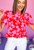 Pink Floral Printed Frilled Neck Short Sleeve Top