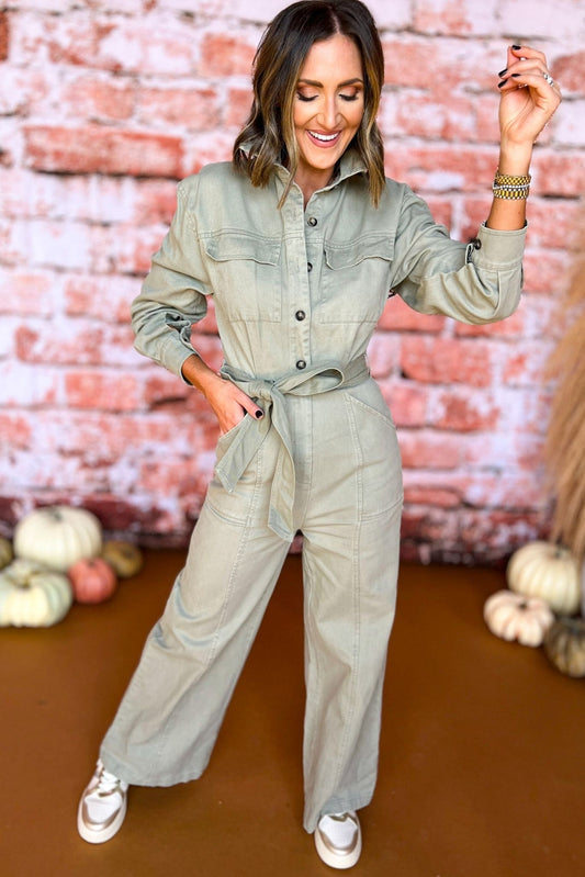  Khaki Button Front Tie Waist Long Sleeve Wide Leg Jumpsuit, must have jumpsuit, must have style, fall style, fall fashion, fall jumpsuit, fall clothes, elevated style, elevated jumpsuit, mom style, shop style your senses by mallory fitzsimmons