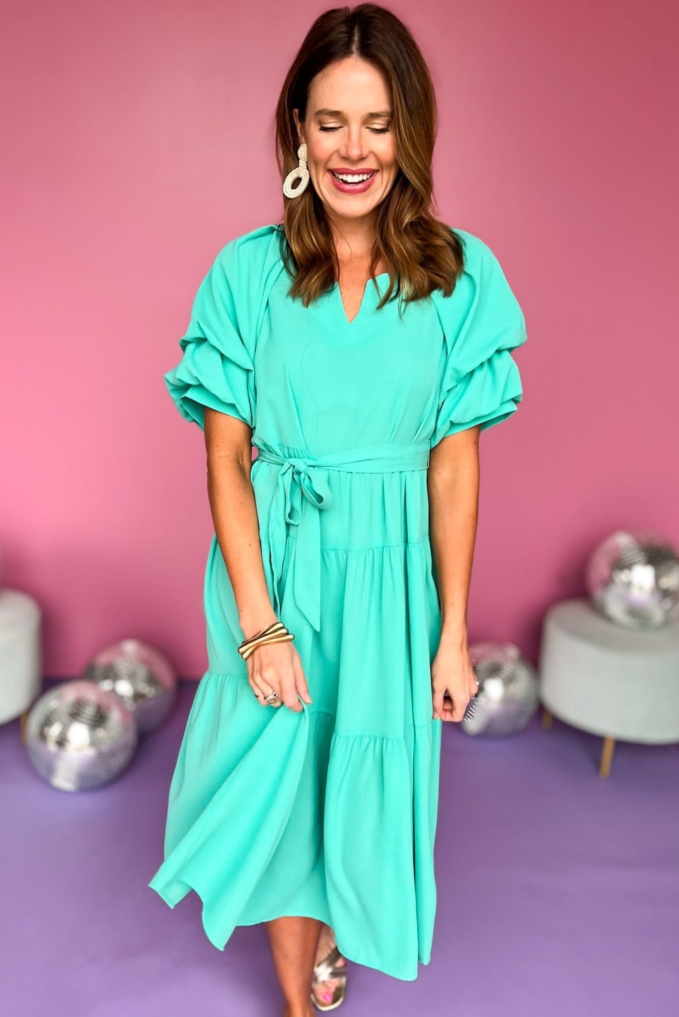 Emerald Split Neck Cuffed Puff Sleeve Waist Belt Tie Tiered Maxi Dress SSYS Emerald Split Neck Cuffed Puff Sleeve Waist Belt Tie Tiered Maxi Dress SSYS