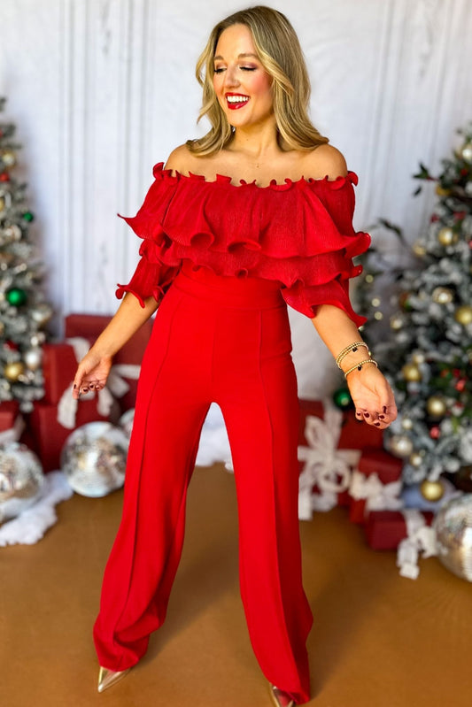  Red Off The Shoulder Layered Ruffle Top Jumpsuit, must have jumpsuit, must have style, elevated jumpsuit, elevated style, holiday style, holiday fashion, elevated holiday, holiday collection, affordable fashion, mom style, shop style your senses by mallory fitzsimmons