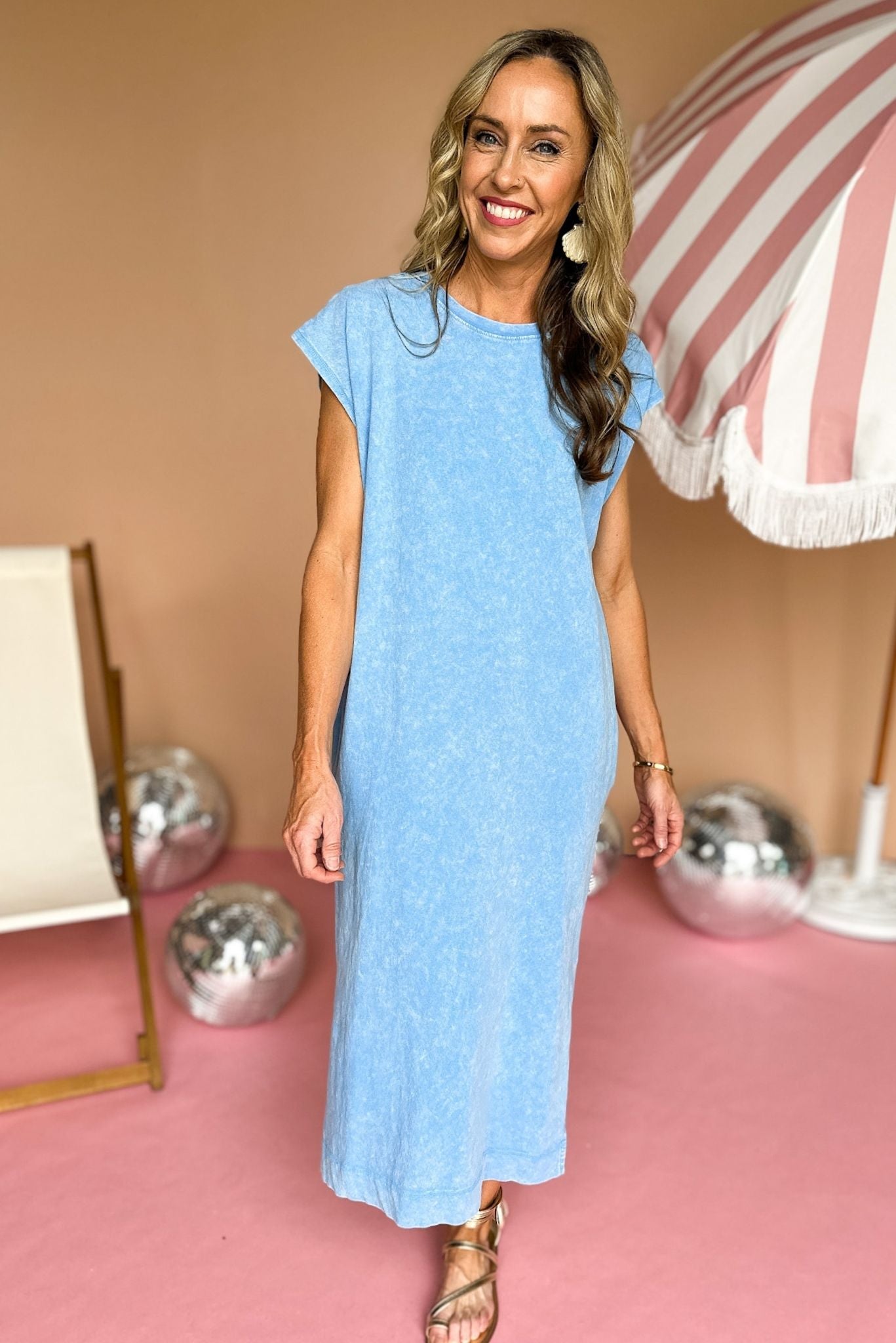 Sky Blue Mineral Wash Muscle Sleeve Midi Dress, split back, v neck, easy fit, summer dress, summer style, dolman sleeve, shop style your senses by mallory fitzsimmons