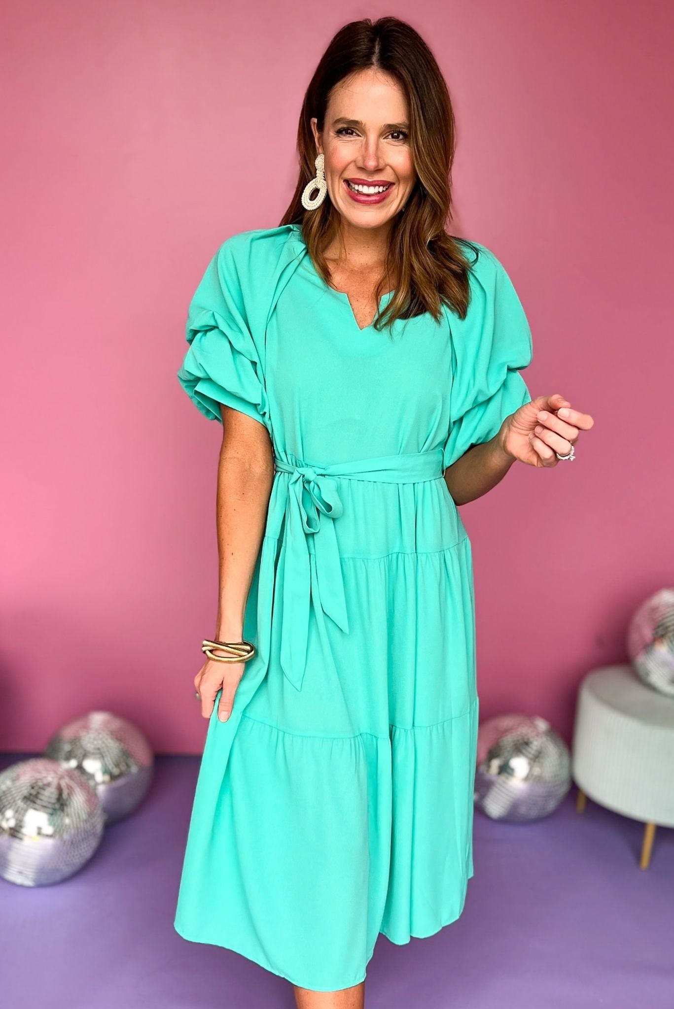 Emerald Split Neck Cuffed Puff Sleeve Waist Belt Tie Tiered Maxi Dress SSYS Emerald Split Neck Cuffed Puff Sleeve Waist Belt Tie Tiered Maxi Dress SSYS
