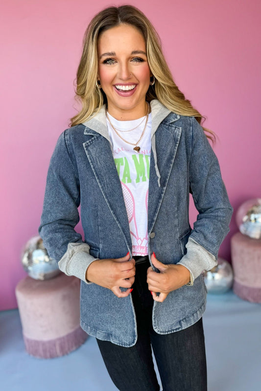 Blue Denim Contrast Terry Hooded Blazer, must have jacket, must have style, must have winter, winter fashion, elevated style, elevated jacket, mom style, winter style, shop style your senses by mallory fitzsimmons