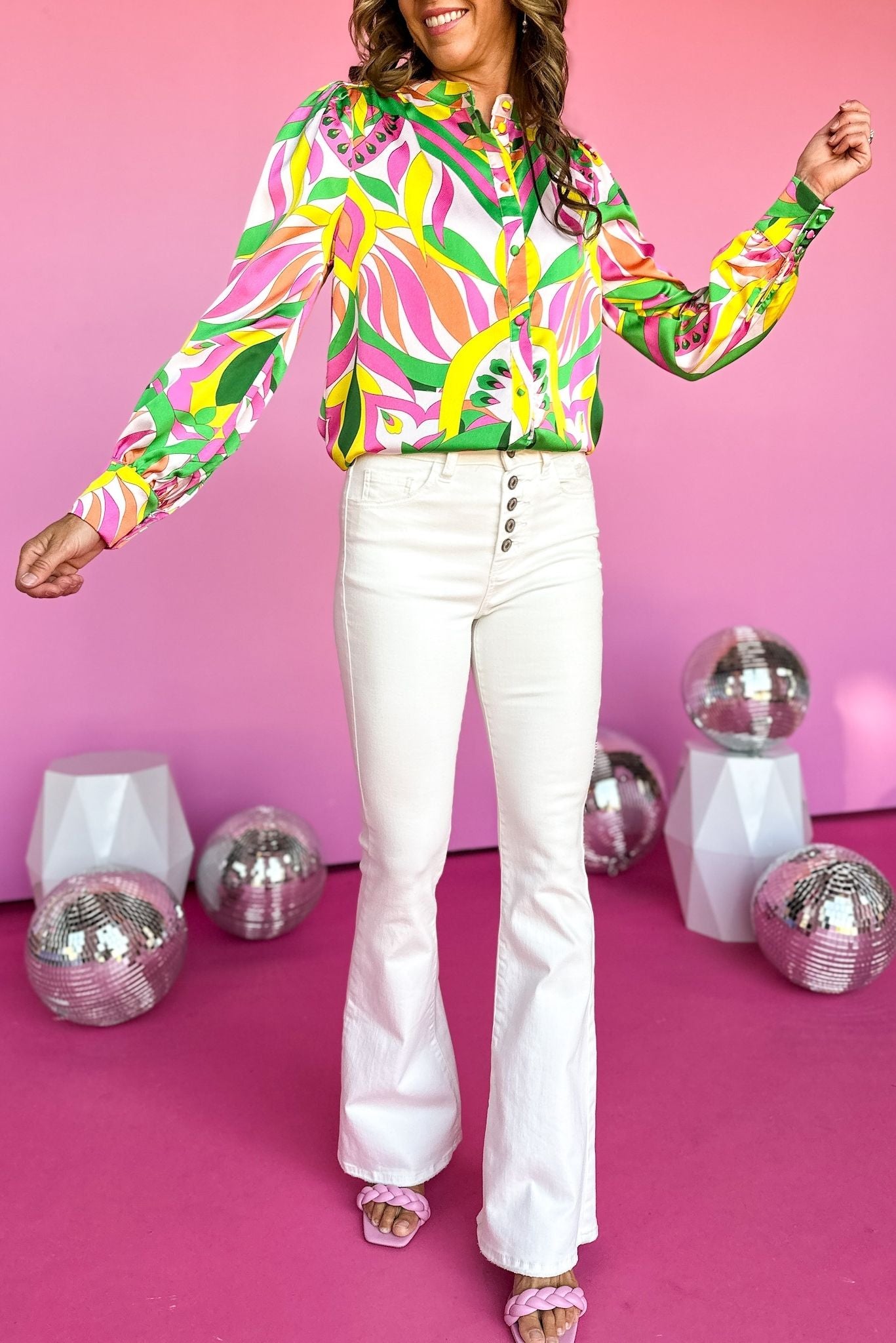 Yellow Pink Abstract Printed Collared Button Front Top, abstract top, long sleeve top, button down top, elevated style, shop style your senses by mallory fitzsimmons
