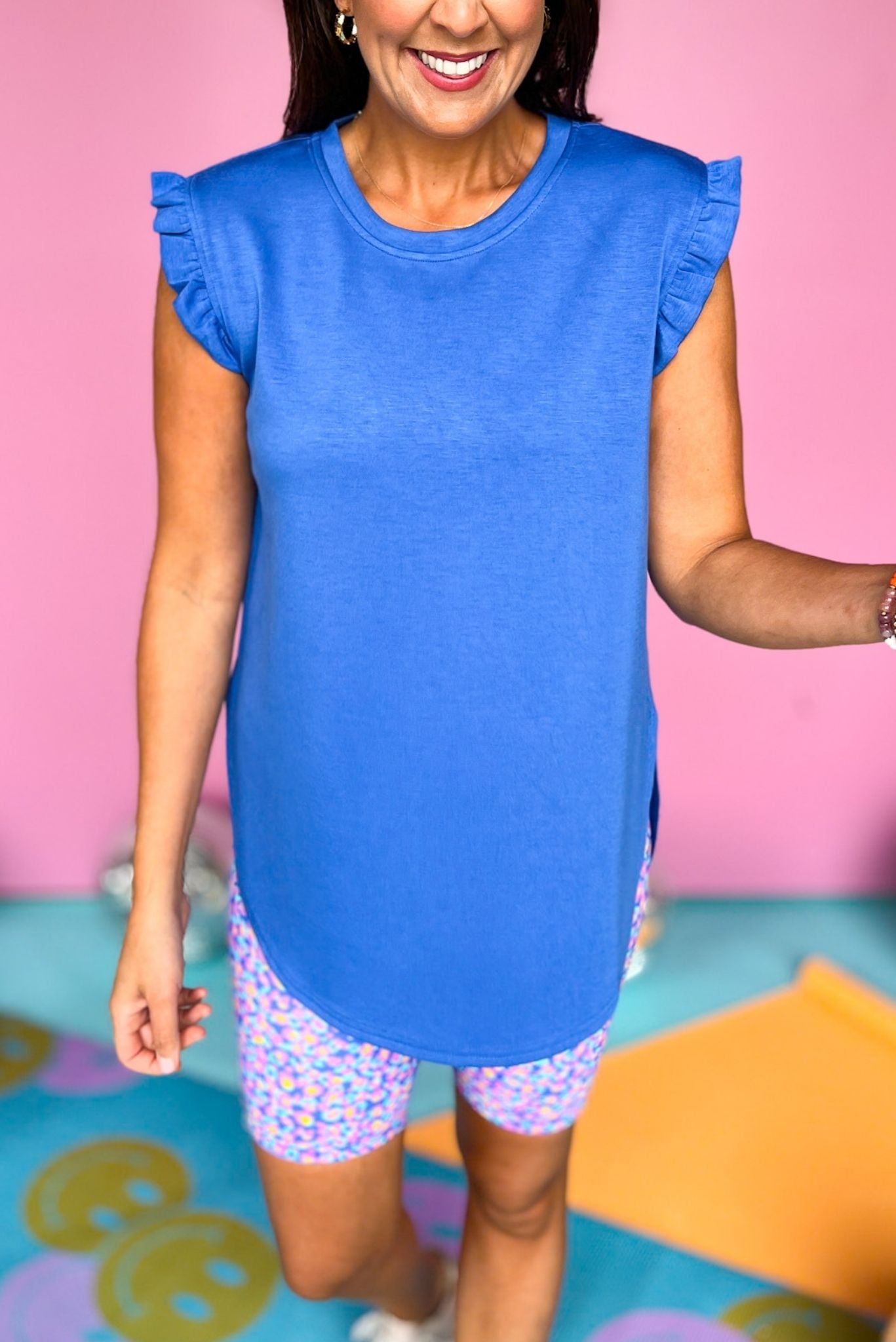 SSYS Ruffle Shoulder Air Fabric Top In Ocean Blue, Spring athleisure, athleisure, elevated athleisure, must have top, athletic tops, athletic style, mom style, shop style your senses by mallory fitzsimmons, ssys by mallory fitzsimmons