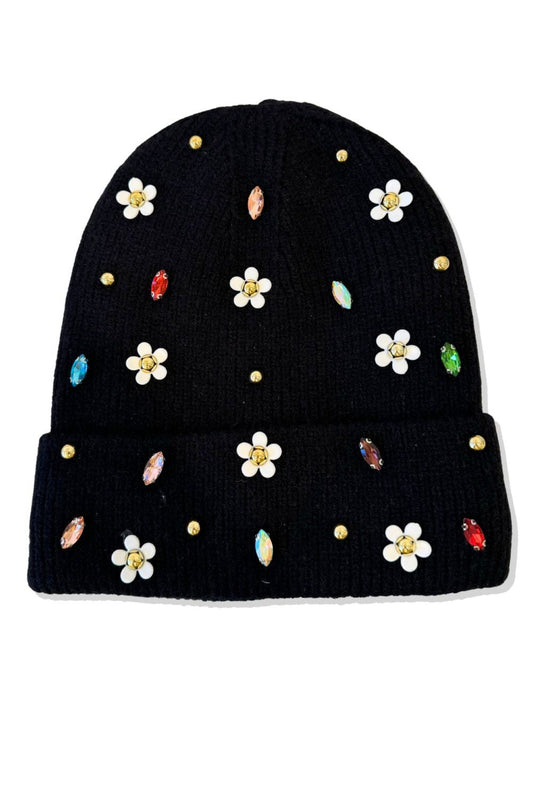 Black Multi Jewel Embellished Beanie Hat