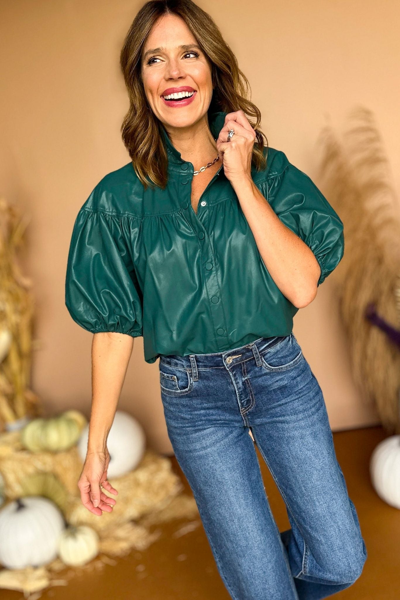 Teal Green Faux Leather Button Front Collared Puff Sleeve Top, must have top, must have style, must have fall, fall collection, fall fashion, elevated style, elevated top, mom style, fall style, shop style your senses by mallory fitzsimmons
