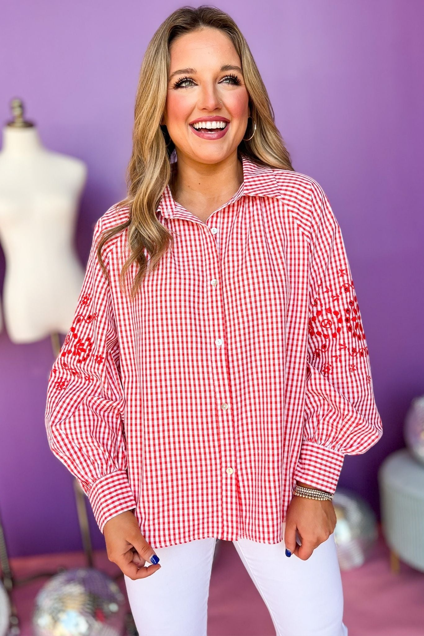 Red Embroidered Gingham Collared Button Down Top, embroidered top, gingham top, must have top, must have style, brunch style, summer style, spring fashion, elevated style, elevated top, mom style, shop style your senses by mallory fitzsimmons, ssys by mallory fitzsimmons