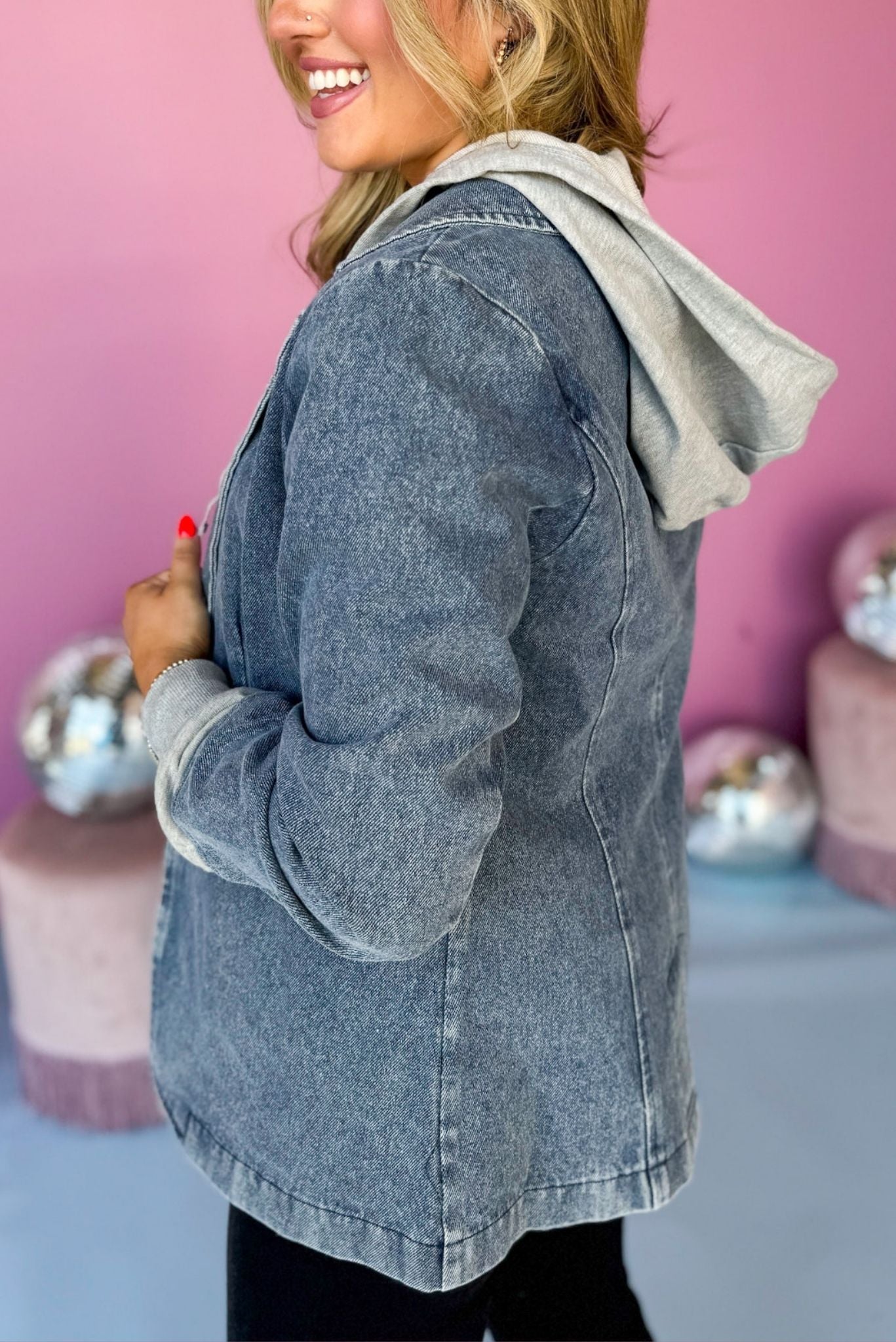 Blue Denim Contrast Terry Hooded Blazer, must have jacket, must have style, must have winter, winter fashion, elevated style, elevated jacket, mom style, winter style, shop style your senses by mallory fitzsimmons