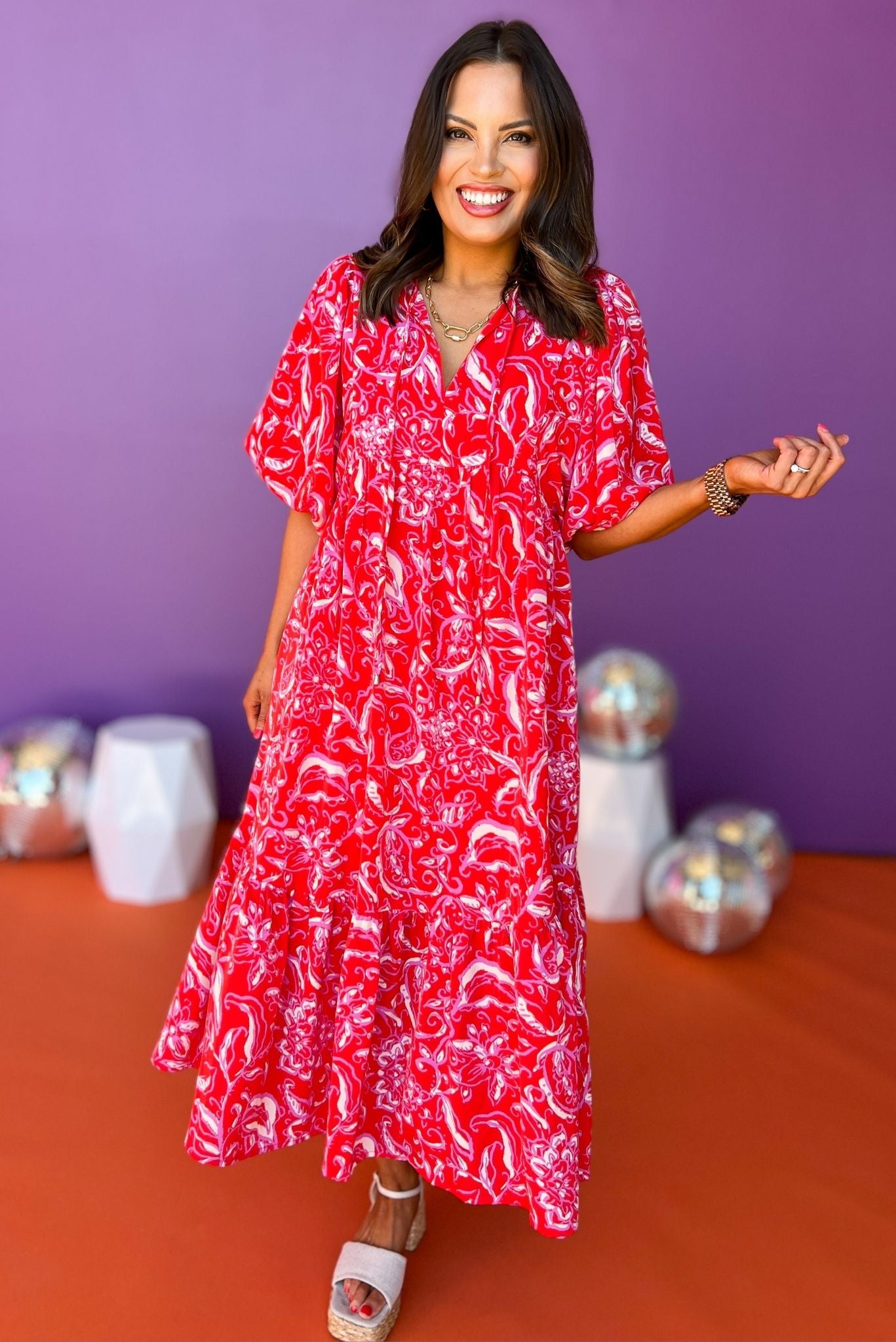 Red Print Self-Tie Front Detail Elastic Short Sleeve Midi Dress Red Print Self-Tie Front Detail Elastic Short Sleeve Midi Dress