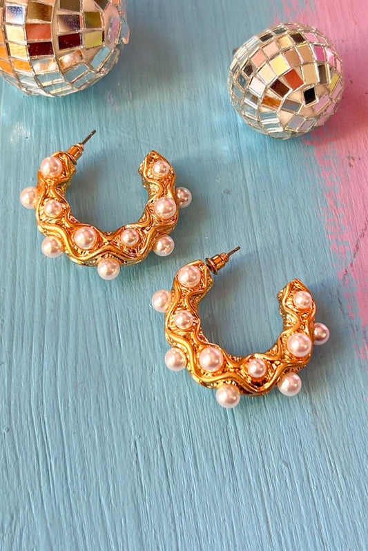 Gold Pearl Embellished Textured Metal Hoop Earrings, accessory, earrings, elevated earrings, shop style your senses by mallory fitzsimmons