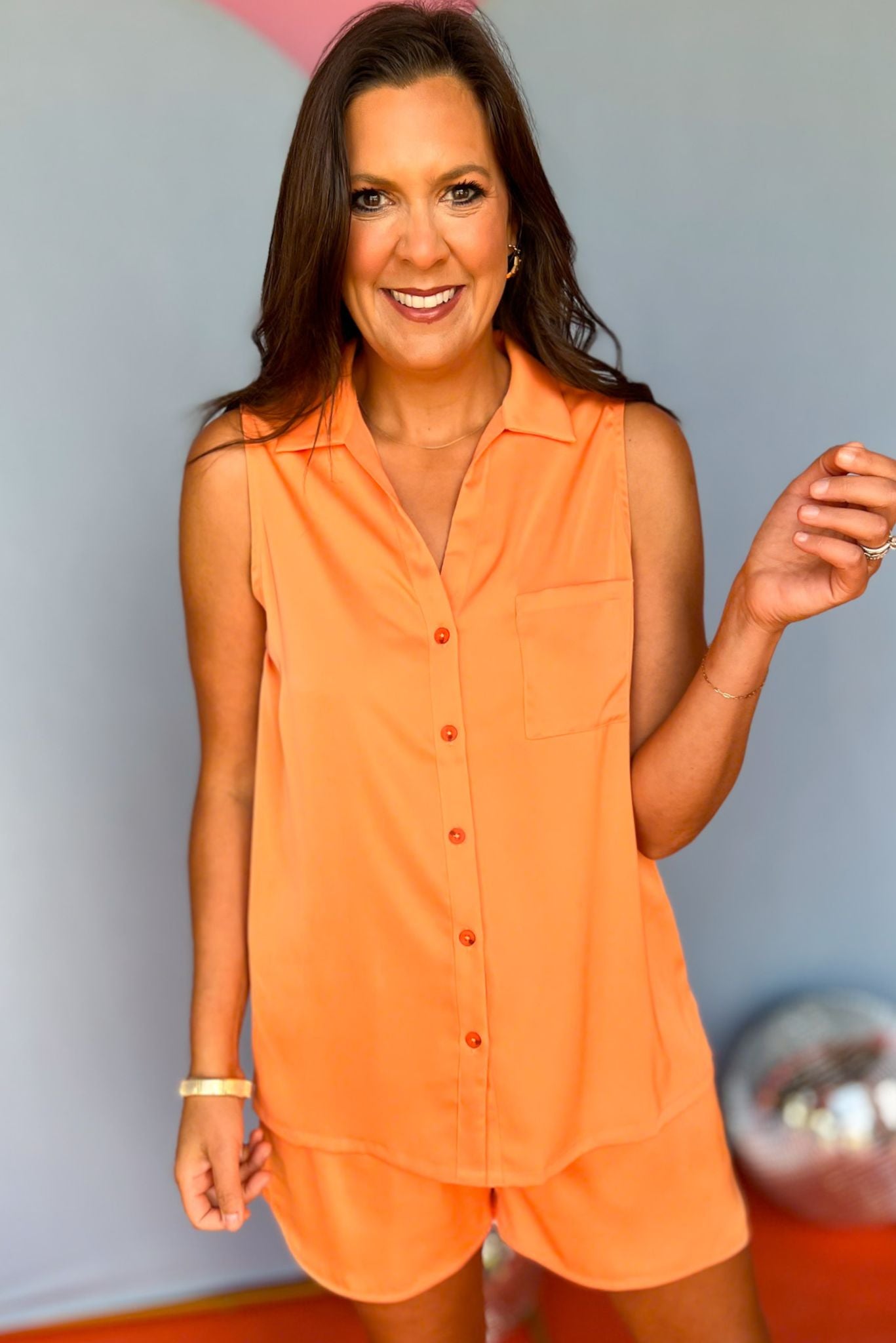SSYS The Sleeveless Shorts Blakely Pajamas In Tangerine, ssys the label, ssys pjs, must have pjs, elevated pjs, matching pjs, luxe pjs, silk pjs, mom style, shop style your senses by Mallory Fitzsimmons, ssys by Mallory Fitzsimmons  Edit alt text